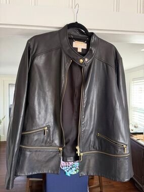 Michael Kors Black Leather Bomber Jacket with Gold Hardware